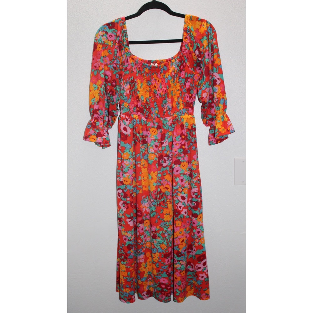 SUGAR LIPS Orange Floral Smocked Square Neck Midi Dress Womens XS